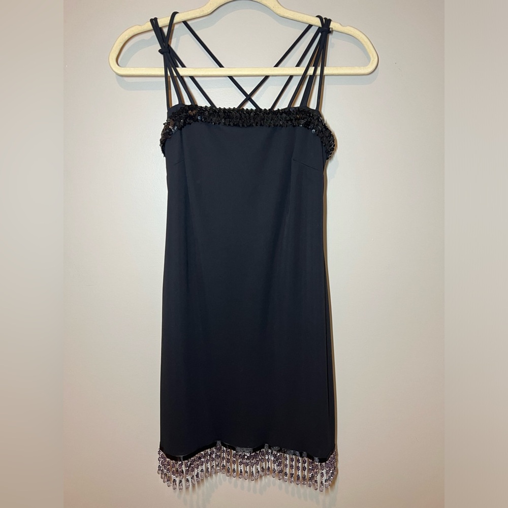 Vintage Y2K Black Cocktail Dress Slip Sequin Beaded Detail Mini Dress Size 3